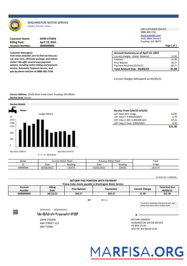 Printable USA Washington Water Service utility bill template in Word and PDF format